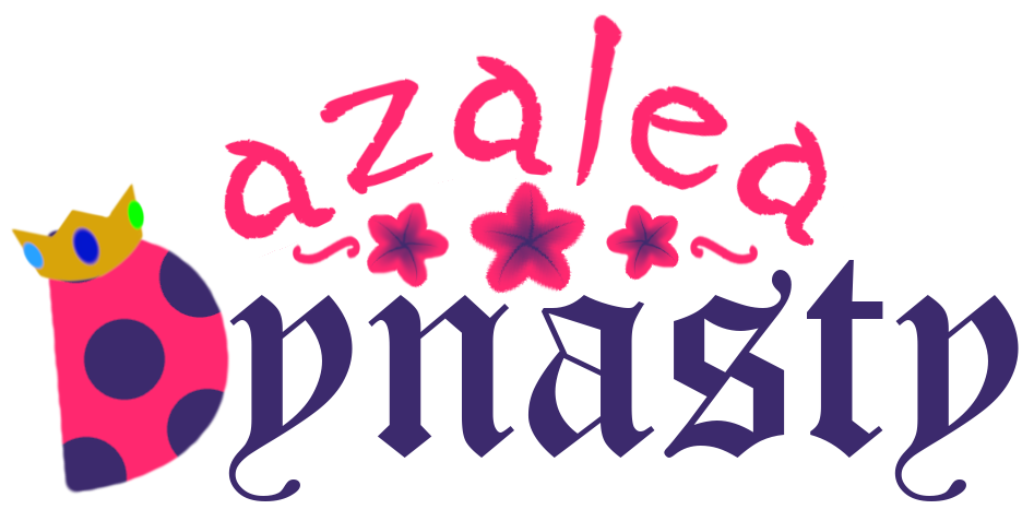 a logo for an imaginary sports team named the Azalea Dynasty. the logo consists mainly of the words 'Azalea Dynasty'. azalea is written above in magenta, with a font mimicing freehand writing and stylized in all lowercase. below that, Dynasty is rendered in a dark indigo-violet with a very fancy royal looking typeface. the D in Dynasty is replaced with half of a ladybug shell, which is magenta with dark indigo-violet spots. hanging off of the top of the shell is a golden crown with three gemstones inlaid. inbewteen the two words are 3 stylized azalea flowers in magenta with small flourishes to the left and right.